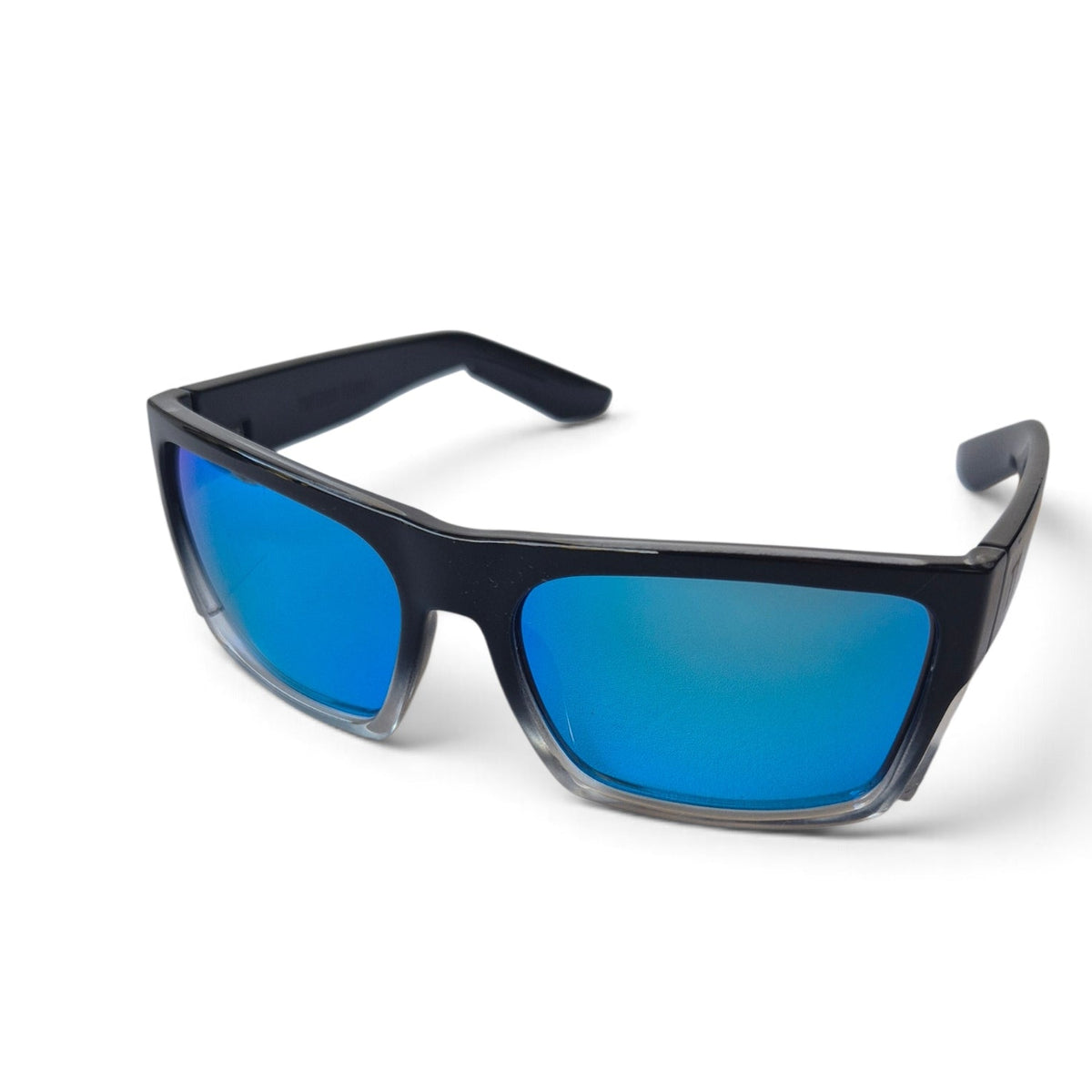 Black and clear framed safety sunglasses with a vibrant blue mirror lense