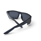 Black wrap-around safety sunglasses with dark mirror lenses, shown at an angle on a clean white background.