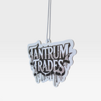 A black and white die-cut car air freshener with black graffiti-style text reading 'TANTRUM TRADES' shown on a plain light gray background.